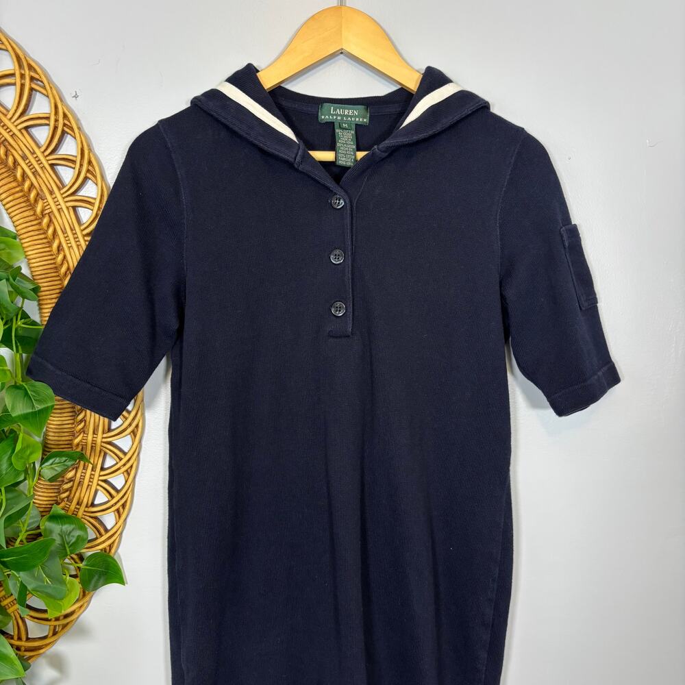 Navy Sailor Collar Cotton Maxi Dress Nautical Classic Vtg | True Summer - Picture 6 of 8